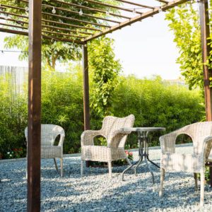 Garden, Summer, Patio - Patio Setup with Outdoor Furniture and Lush Green Plants